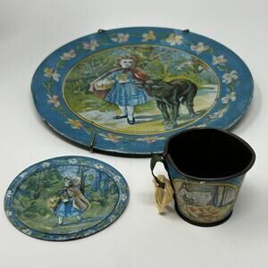 Vintage Ohio Art 1920s Tin Litho Little Red Riding Hood Child's Tea Set 3 Pieces